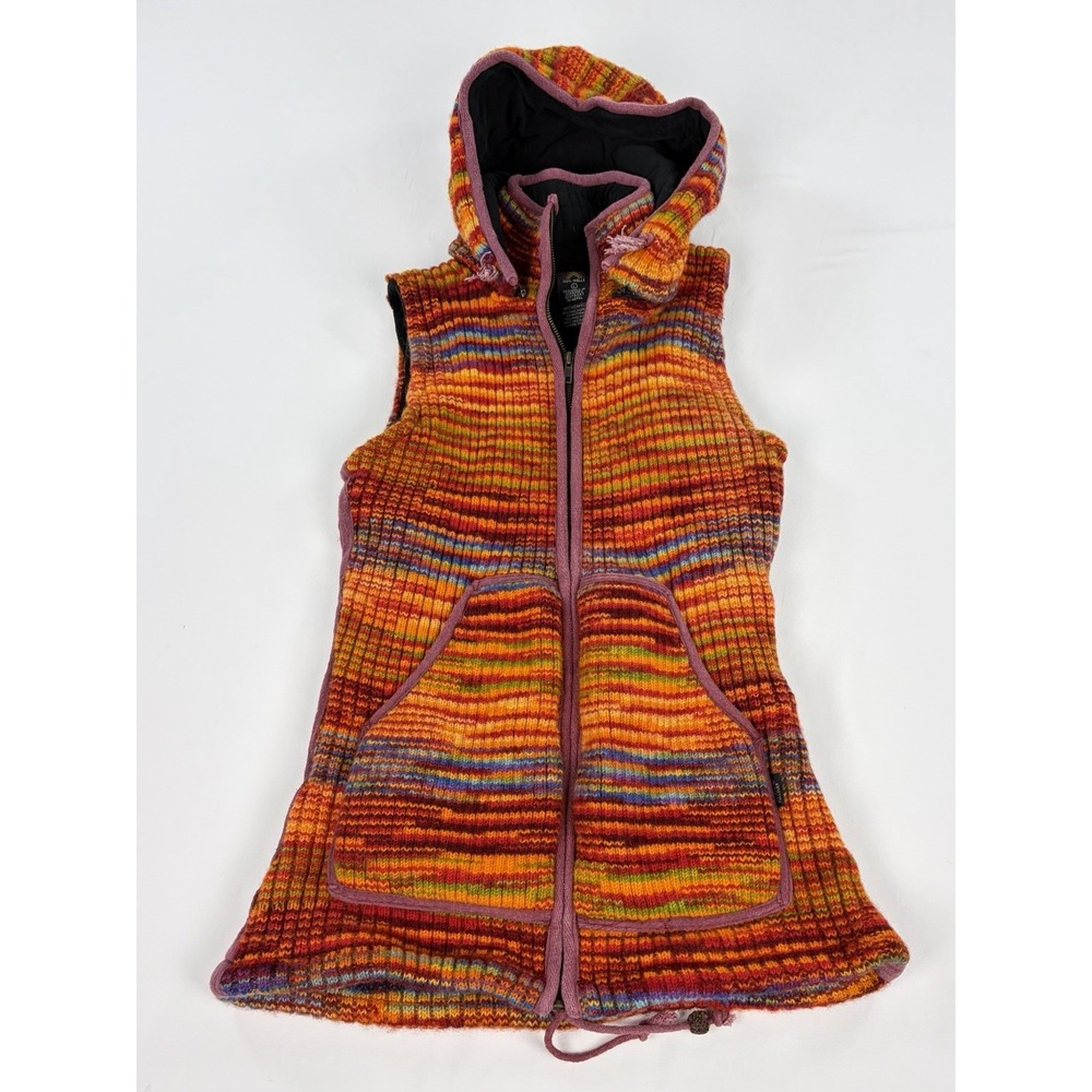 Luckys Pullover Wool Vest Women's L Multicolor Striped Hooded Fleece Lined Boho